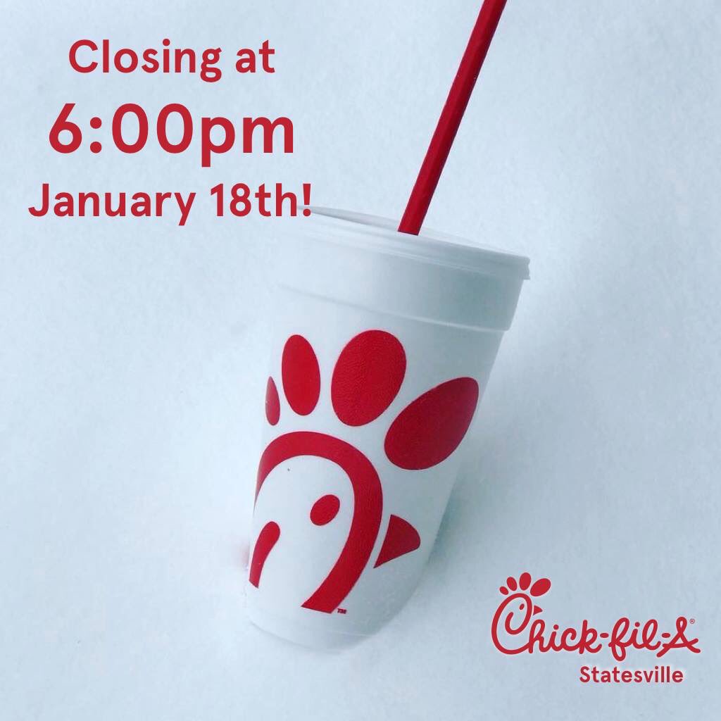 cfastatesville's tweet photo. For the safety of our team members and guests, we will be CLOSING this evening (1/18/18), at 6pm. Until then, we are open and would be happy to serve you.
Please stay tuned for updates on when we will be opening tomorrow morning! https://t.co/WLyYGvyOVi