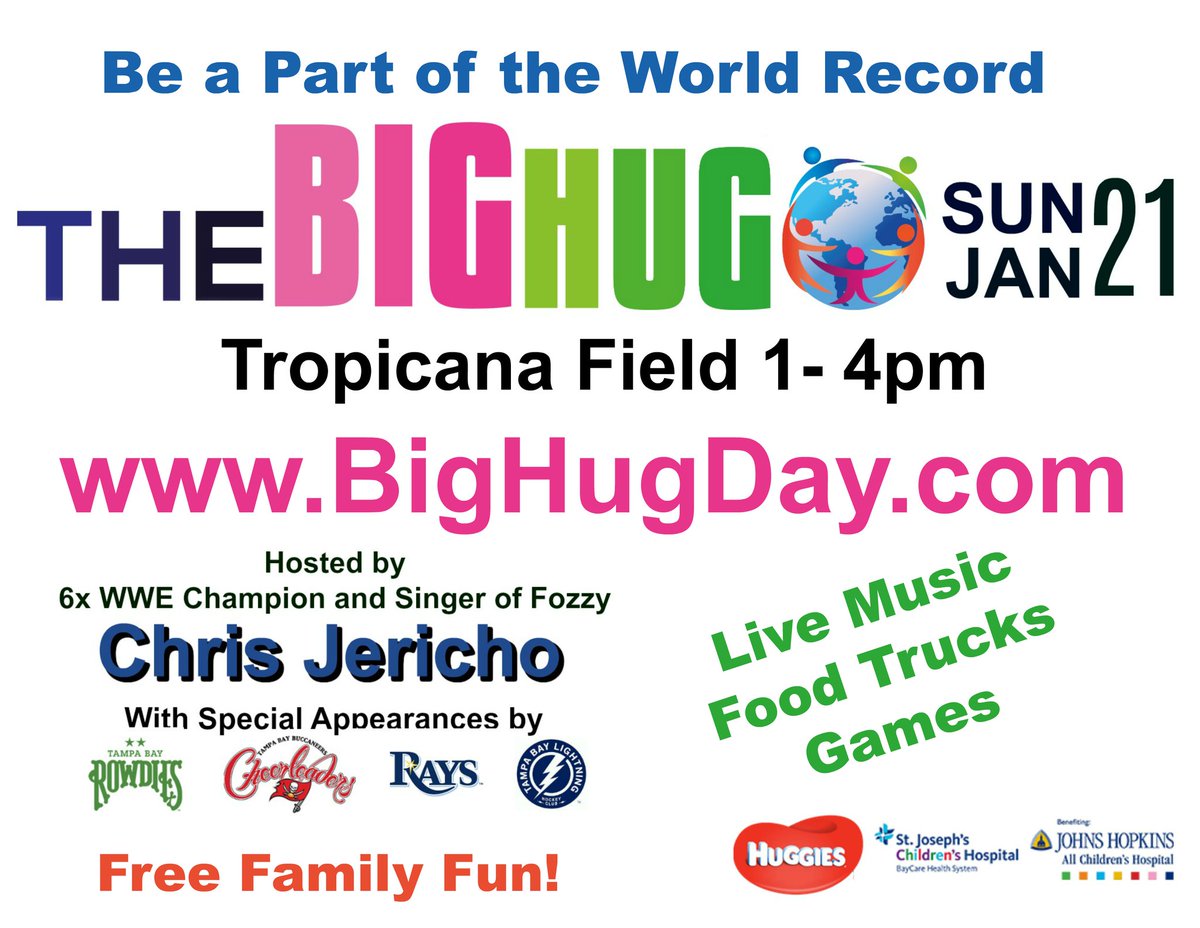 CityofTampa's tweet photo. Need a hug? A special group of kids from Tampa Bay is organizing an attempt at a @GWR for the largest group hug this Sun, Jan 21st at Tropicana Field in @StPeteFL! Join them for #BigHugDay and find out how you can help local children in need at https://t.co/rPgDo2IsDA https://t.co/zoRGcO6N24