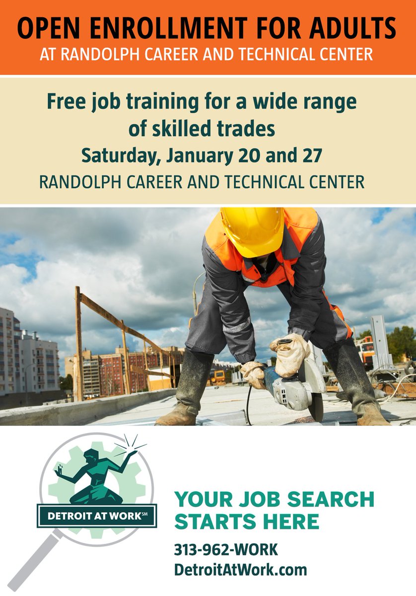 Randolph Career and Technical Center is hosting open enrollment for adults on Saturday, January 20 and 27. For more information on how to get free job training for a wide range of skilled trades, visit bit.ly/2FT4N0a.