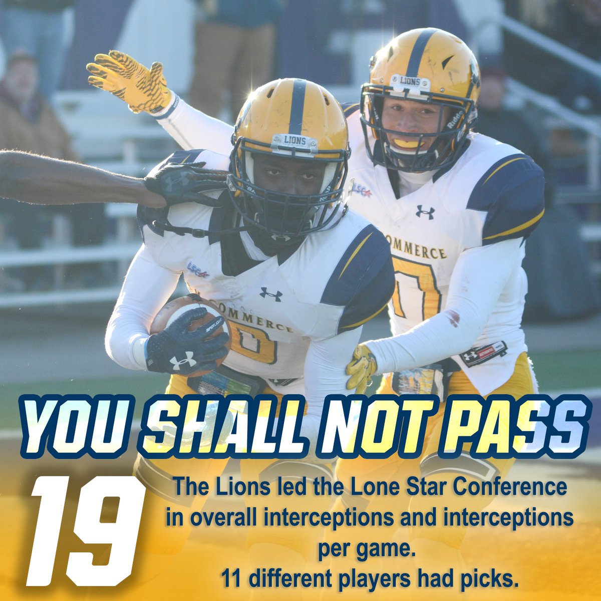 Lions_FB's tweet image. You Shall Not Pass.

The National Champions led the LSC in overall INTs &amp;amp; INTs per game. 11 different Lions had a pick.

#ToTheTop
