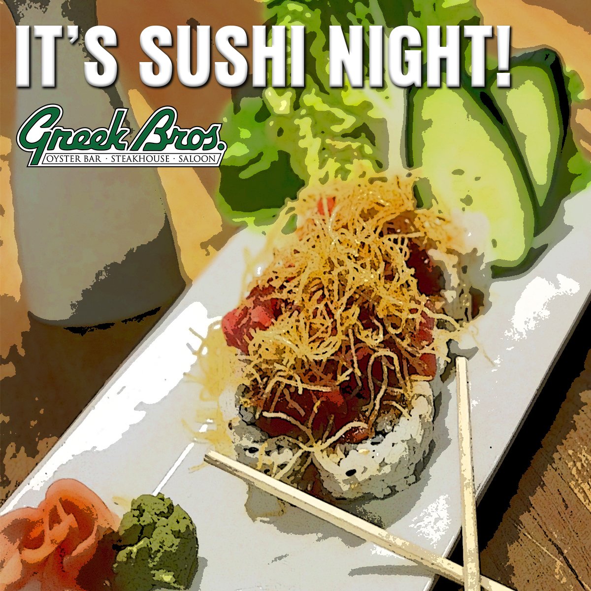GreekBros's tweet photo. Your favorite night of the week is here! 
#GoGreek #SushiNight #Sushi #Thursday https://t.co/4ruZBMBORL