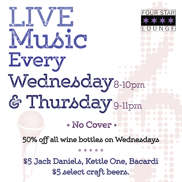 FourStarLounge's tweet photo. Catch local musicians jamming every Wednesday and Thursday night at Four Star Live Lounge. https://t.co/NsesH8HoJg https://t.co/C8kMUFNczc