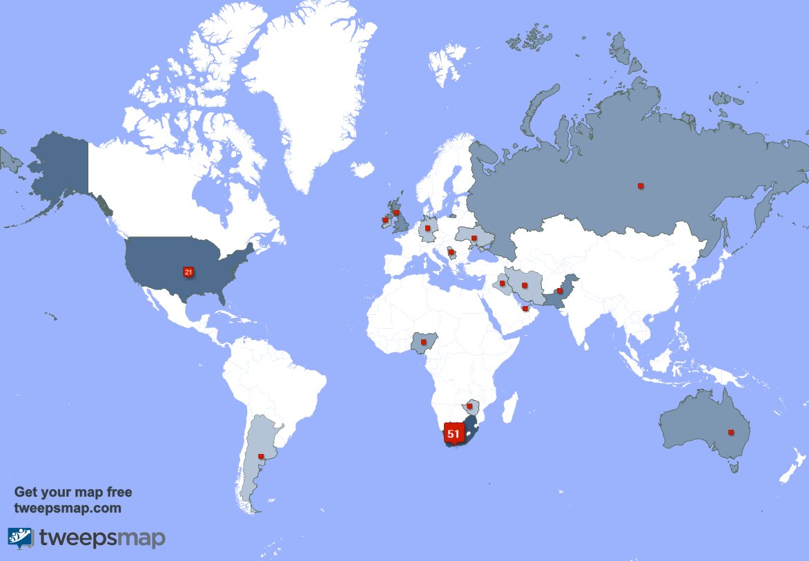 joe_manone's tweet photo. My followers live in 16 countries: South Africa(48%), USA(19%)... https://t.co/fwJenYjvFN Get your free map! https://t.co/dRAegnRjt0