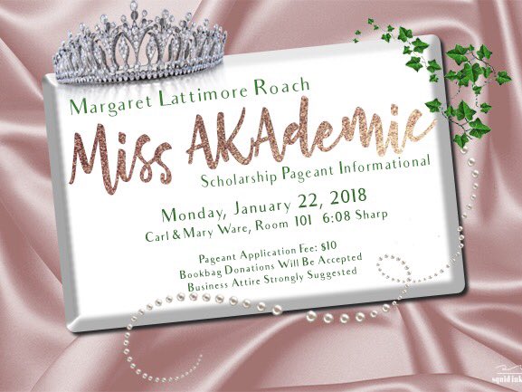 sonaaalli's tweet image. Do you think you have what it takes to be the next Miss AKAdemic? 👑💕💚 Join us Monday, January 22nd, 2018 at 6:08 PM for information on how you can compete for the crown! Book bag donations are greatly appreciated. #SWEETAlphaPi