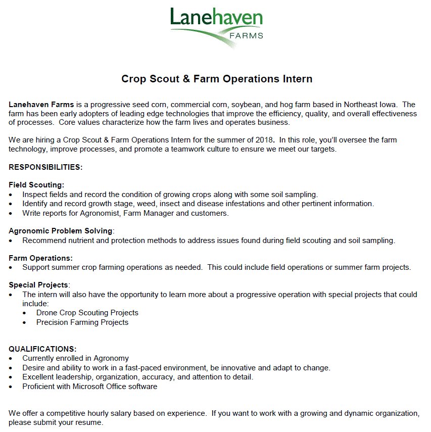 Intern WANTED @ <a href="/LanehavenFarms/">Lanehaven Farms, Inc</a>!  Are you interested in learning more about #agronomy and #farming? We have a summer internship opportunity for you!  Will consider non-agronomy majors.  Call Macy at 319.296.2255 or apply online at lanehaven.com