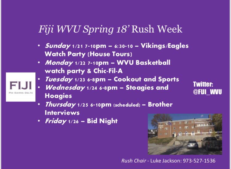 Here’s the Fiji Spring Rush Schedule! We hope to see you at 216 Belmar Ave throughout the week!