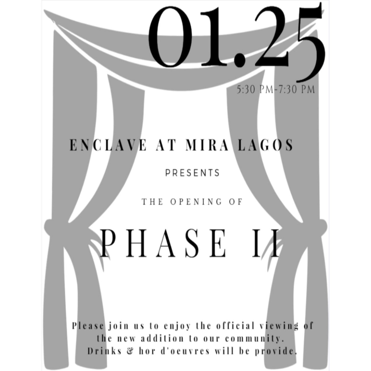 EML_Apartments's tweet photo. Come join us on January 25th! We will be show casing Phase II of our community! Hor d’oeuvres and drinks will be provided 😁 meet us in the EML Lounge @ 5:30PM!  #enclaveatmiralagos #eml #miralagos #residentevents #GrandPrairie #Lifestyle #Luxuryapts #dfwapartments #JoePoolLake https://t.co/a1So6jlkbA