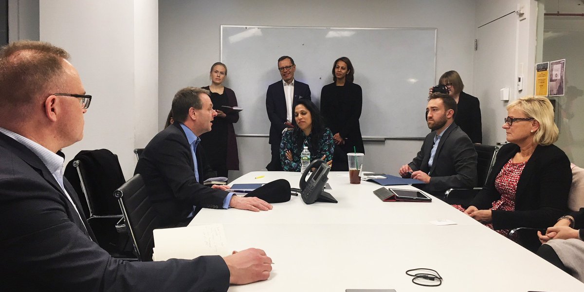 Great visit today and conversation on #smartcities with Helsinki Mayor (<a href="/Vapaavuori/">Jan Vapaavuori</a>), Deputy Mayor for Urban Environment (<a href="/AnniSinnemaki/">Anni Sinnemäki</a>), and NYC Commissioner of <a href="/globalnyc/">NYC International Affairs</a> (<a href="/PAbeywardena/">Penny Abeywardena</a>). #urbantech