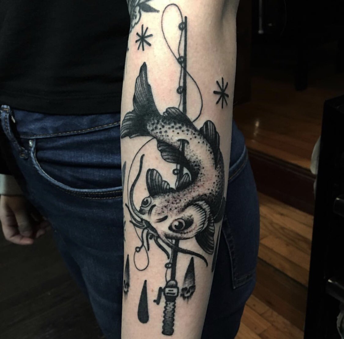 MichaelFerrera #catfish #fishingpole #fisherman #forearmtattoo #blackwork  #dotwork #kht #tattoosavannah #dosavannah #savannah #georgia #tattoo, image size:1125x1107