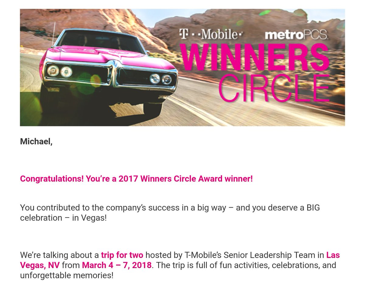 KiddMobile's tweet photo. Thanks @TMobile for the awesome recognition! Couldn't have made it to top 5% performers without the guidance of the NW leadership team @c_cookston @MalloryRachael @darinjorgensen @KatzMike @richgarwood  - I'm super excited to see what's in store for 2018! #WeWontStop https://t.co/ZvBnixDAJj