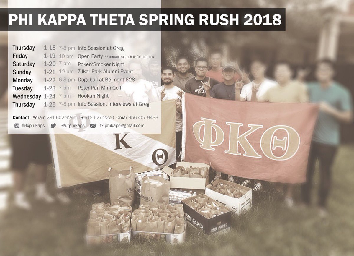 For more information on our events, contact our rush chairs or come by our table M-F of next week in the speedway plaza. #RushTxPhiKaps #ut19 #ut20 #ut21