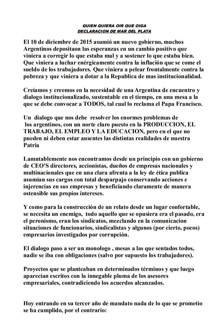 JuanCSchmid's tweet photo. Este es el documento elaborado hoy por los dirigentes sindicales que nos reunimos en Mar del Plata, para ser presentado y discutido próximamente en la #CGT https://t.co/W341zen8SP