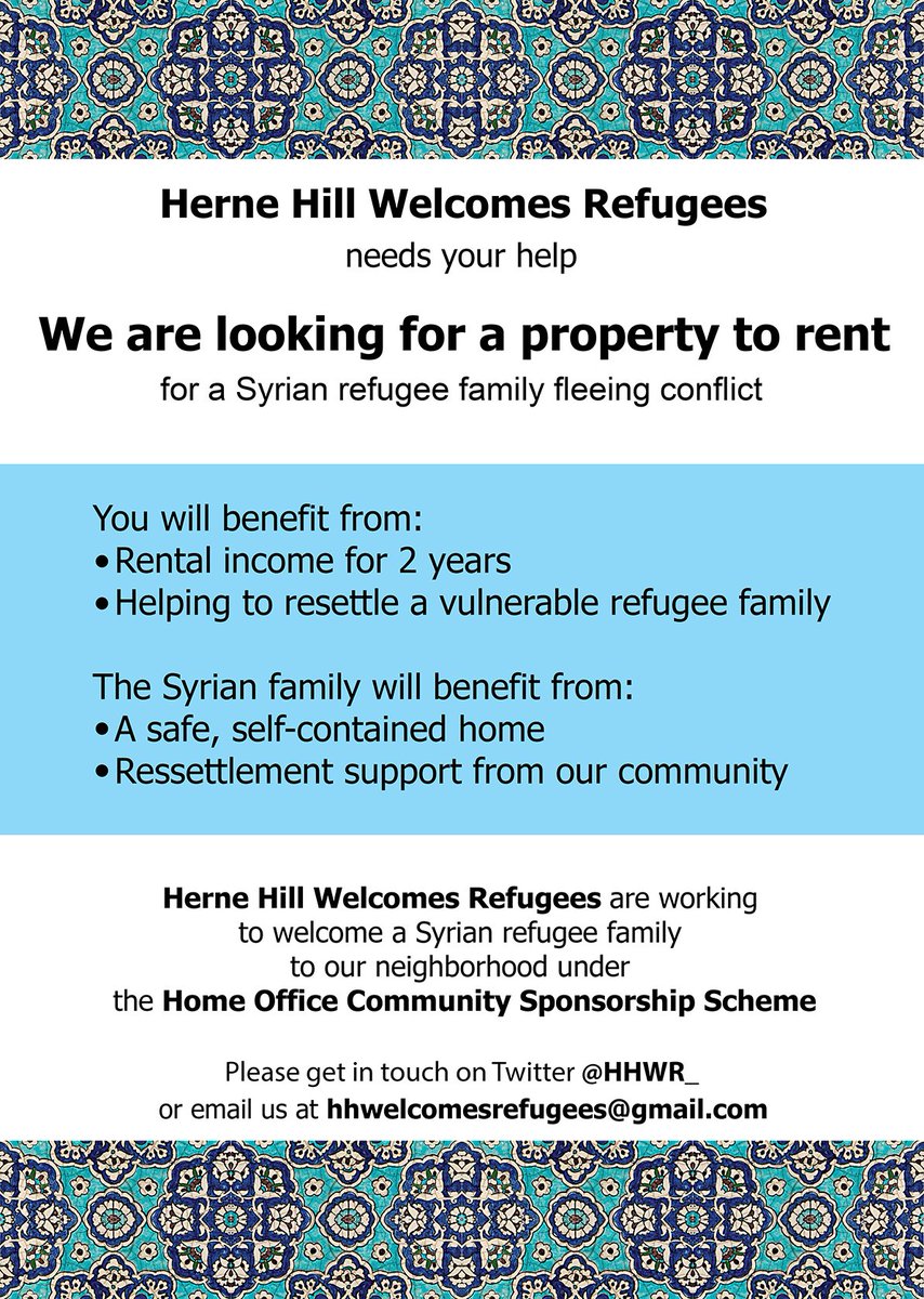 The HHWR Housing Week kicks off this Sunday! We'll be at Herne Hill Market handing out these beautiful leaflets, spreading the word of our search for a property in the area for a refugee family to call home. Come and say hi!
