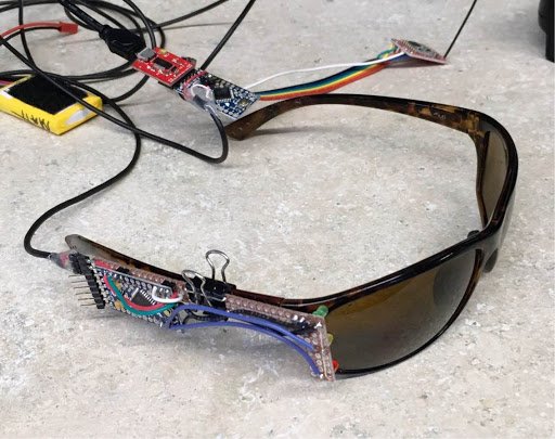 sparkfun's tweet photo. SparkFunion @rockonaudio has built "the poor man's #Google Glass." The LEDs refract through the sunglasses to give him a peripheral, visual indicator of his RF airplane's battery level so he knows when it's time to land. Awesome application &amp; build, Pete! #DIY https://t.co/W4q3n2Rbx7