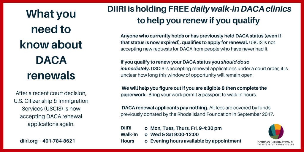 Those who qualify to renew their #DACA status should do so immediately. Because <a href="/USCIS/">USCIS</a> is accepting renewal applications under a court order, it is unclear how long this window of opportunity will remain open.