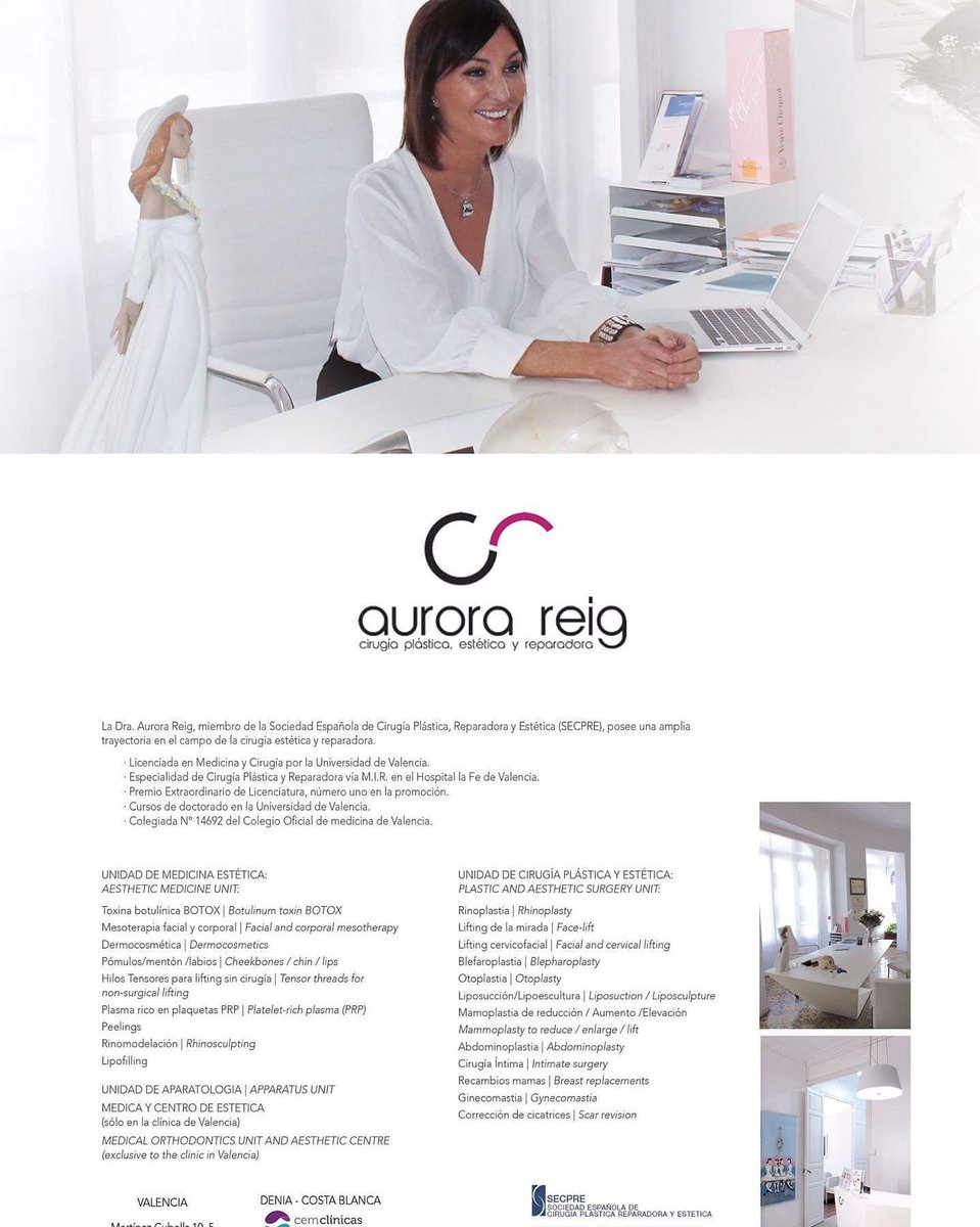 Os presentamos el artículo de la DOCTORA AURORA REIG en la prestigiosa revista L'EXQUISITE MAGAZINE donde tenemos el placer de colaborar.
En él te podrás informar de todos los tratamientos de los que disponemos en nuestras clínicas de Valencia y Dénia.
