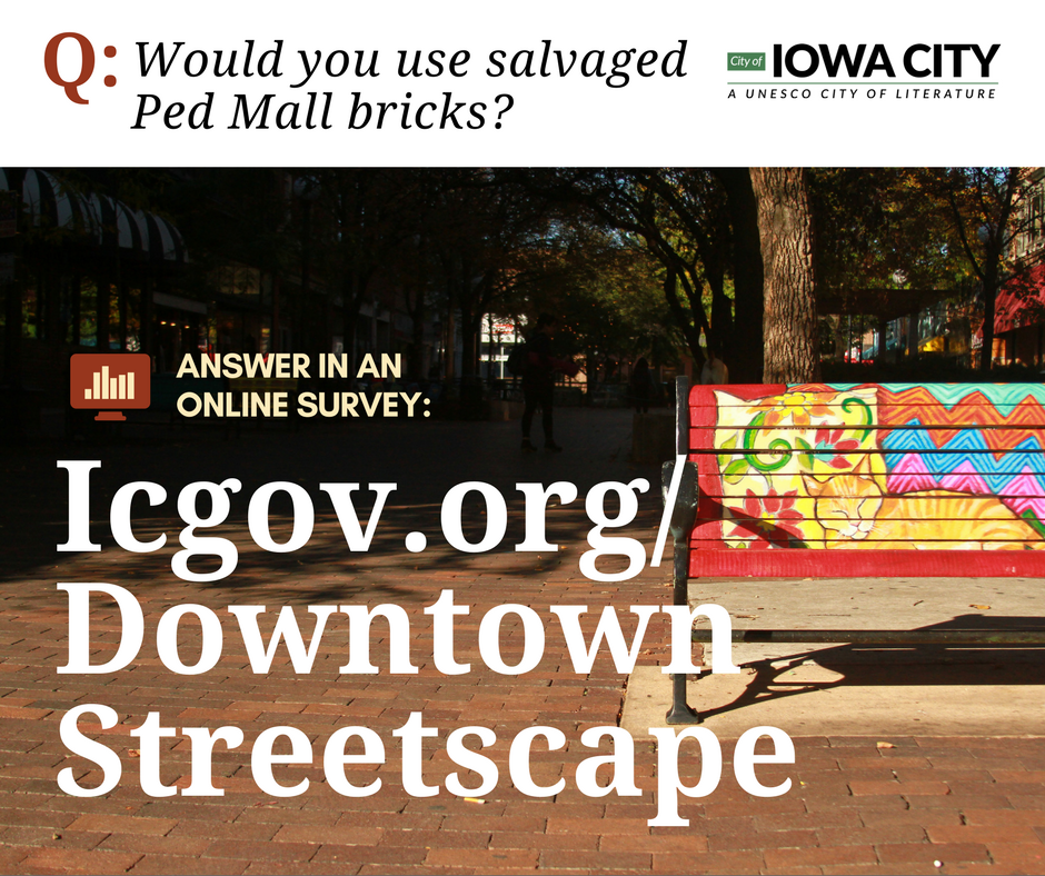CityOfIowaCity's tweet photo. Work will begin this spring on the #pedmall in #IowaCity, & the City is considering options to salvage the bricks to keep them out of the landfill.
Tell us, would you purchase & use the salvaged brick? Take the survey
🖱️:https://t.co/RSZXFcKmzj #pedproject https://t.co/A1GMNeBskV