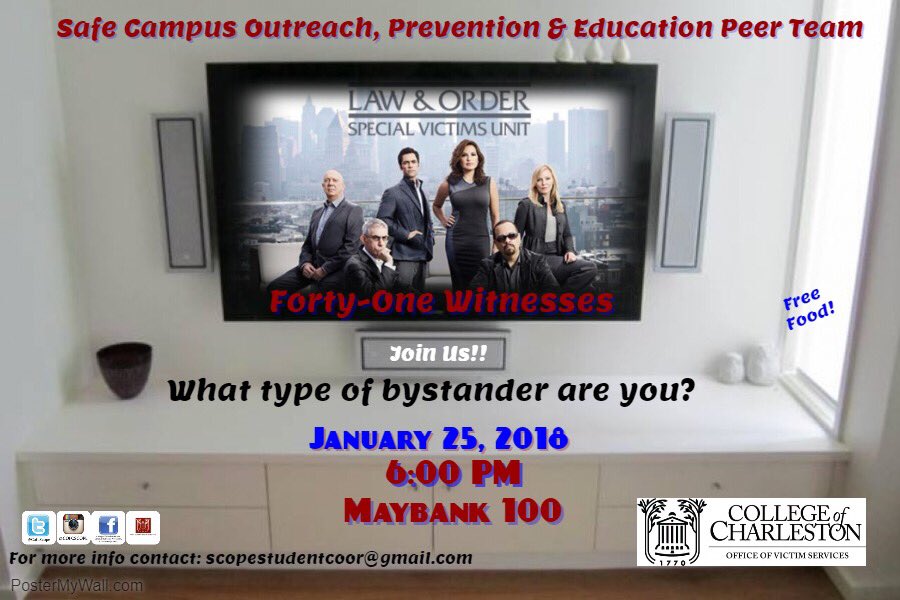 Cutedoll30Cute's tweet photo. S.C.O.P.E. would like to present to you our first event of the year!! On January 25th we will be hosting Law &amp; Order: SVU “Forty-One Witnesses” Maybank 100. Don’t worry about food, we got it covered. See you all then. Bring a friend! https://t.co/l3JsCrxXwK