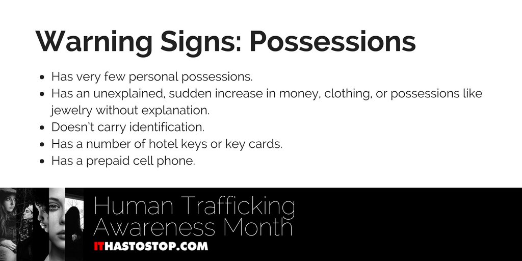 ITHasToStopTN's tweet photo. Spotting a potential victim of human trafficking may be as easy as noticing what they have -- or don't have -- with them. #ITHasToStop

MORE WARNING SIGNS: https://t.co/3eY3TIJWZm https://t.co/RHSg97ueLl