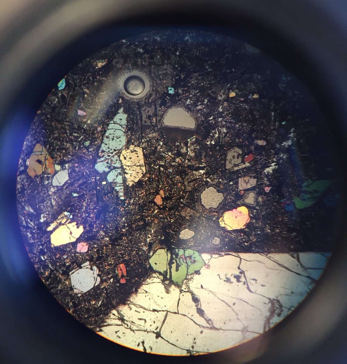 kymbatter's tweet photo. Thank you everyone for the #HeardIsland🌋 love. Here’s a couple more for #ThinSectionThursday 😊 
This time showing #Olivine glomerocrysts and a rather large #Augite phenocryst. 🔬
#MGeol #WomenInSTEM👩🏼‍🔬 #Geology #GeoNerd #GeoLife https://t.co/PoS4CsmrE8