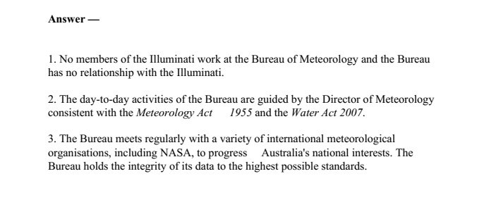 "No members of the Illuminati work at the Bureau of Meteorology and the Bureau has no relationship with the Illuminati." #estimates