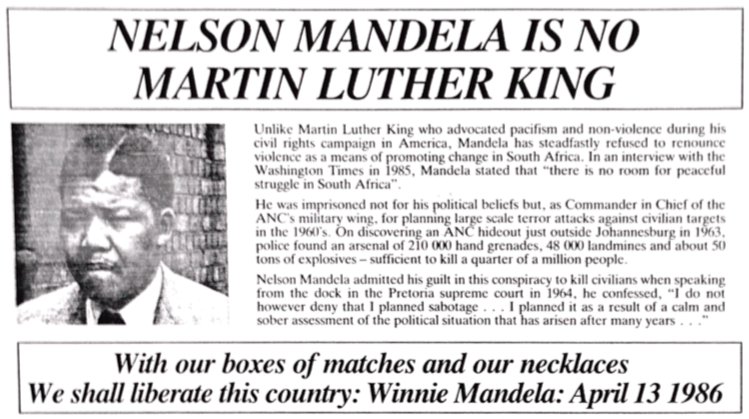 Accompanying the documentary was a booklet, also distributed to all MPs, which featured fun articles like this: "Nelson Mandela Is No Martin Luther King," as well as graphic depictions of violence like 'necklacing'