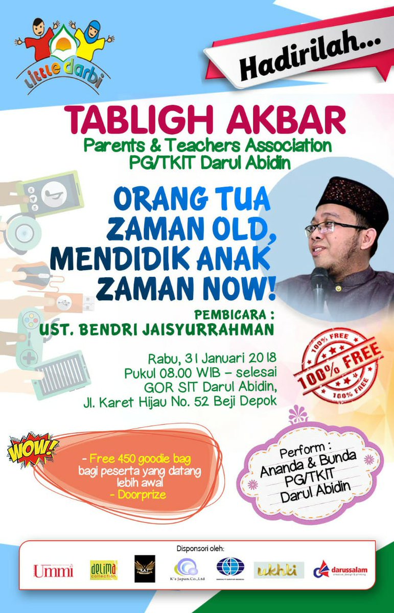 nin3y's tweet photo. Tabligh Akbar "Orang Tua Zaman Old, Mendidik Anak Zaman Now" bersama Ust @ajobendri @darulabidin @depokita 31 Jan https://t.co/OsIJA4Iu9s