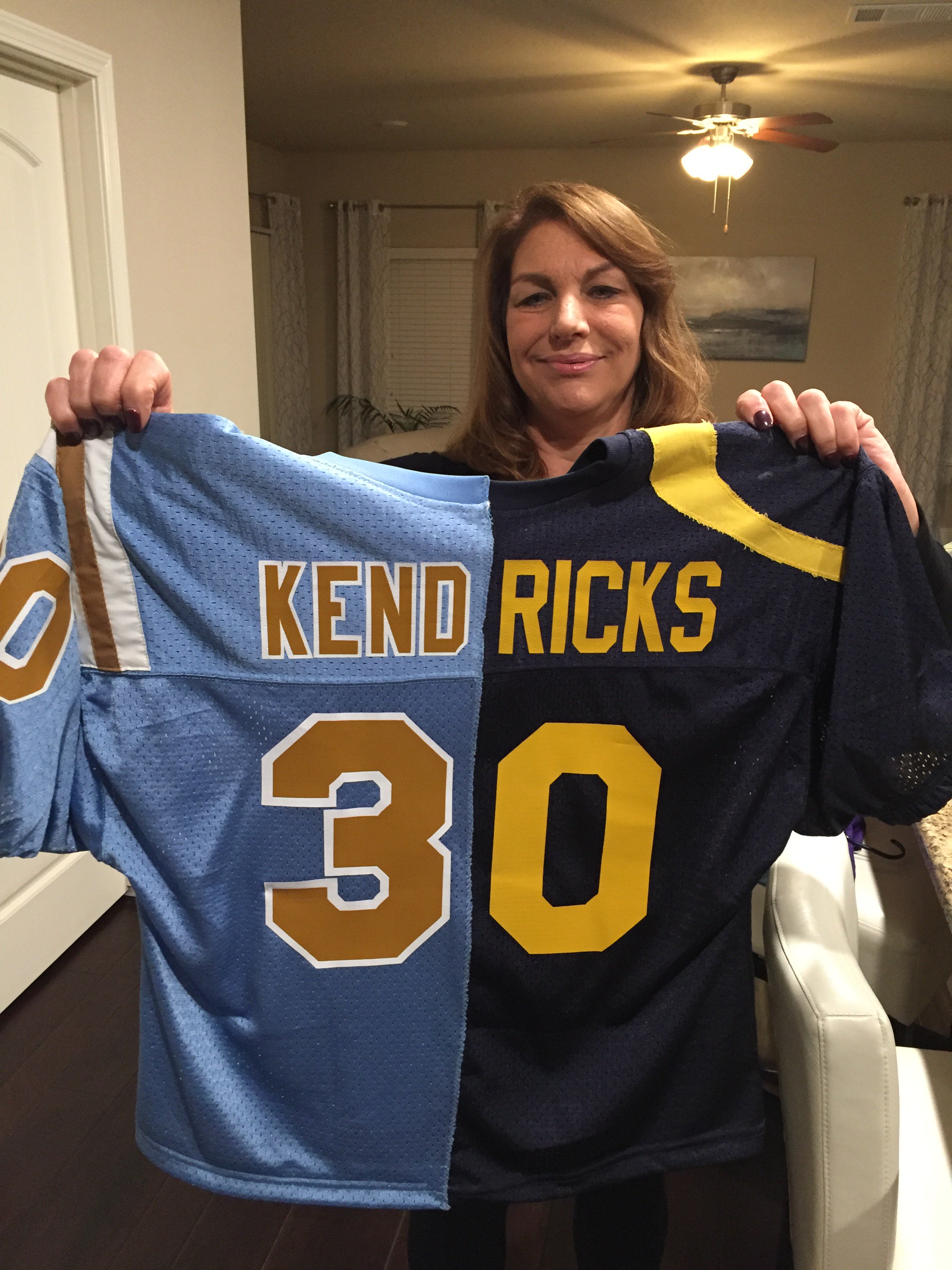 Nick King on X Thagon made one of those split jerseys when Mychal Eric played in college Cal UCLA hasn t done that with the NFL jerseys but told me she