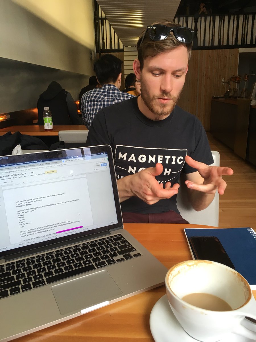 Lines &amp; coffee w/ <a href="/corytbear/">Cory Thibert</a>. Getting #AwkwardHug ready for its Feb3rd #yyj debut <a href="/IntrepidTheatre/">Intrepid Theatre</a> with <a href="/MayCanTheatre/">May Can Theatre</a> #TuskTurnsOne 📦🍰