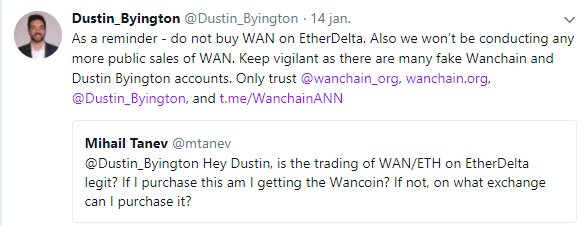 AltCoinGarage's tweet photo. @NotSatoshi_ @wanchain_org ⚠️WARNING for scammers. #wanchain $wan is not for sale on EtherDelta‼️ See the message of @Dustin_Byington about $wan. https://t.co/cUEs8hGR8W