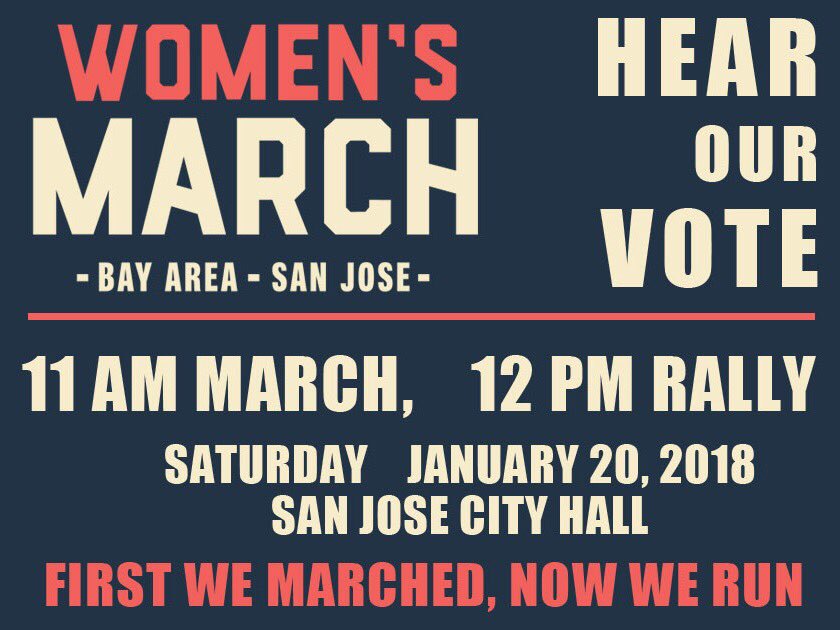 Looking forward to attending the #WomensMarch2018 this Saturday in San Jose!
Details online: womensmarchbayarea.org/#join-a-march  #ad24 #powertothepolls ✊🏻✊🏼✊🏽✊🏾✊🏿