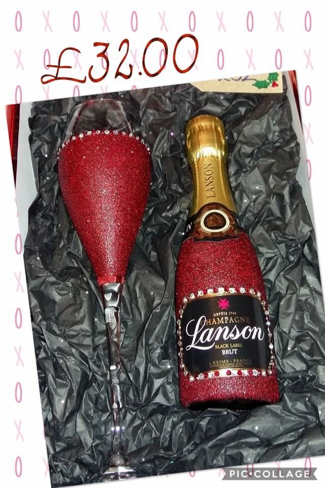New shaped champagne flute partnered with a small bottle of Lanson in this gorgeous ruby red holographic glitter #champagne #Lanson #glitterglasses #weddingday #ValentinesDay #Valentine #specialoccasion