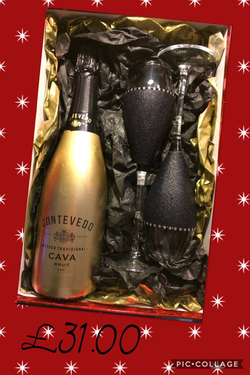 Cava gift set with two champagne flutes, ideal for that special occasion #cava #champagneflutes #fizz #giftset #specialoccasion #glitterglasses #sparkles #glam