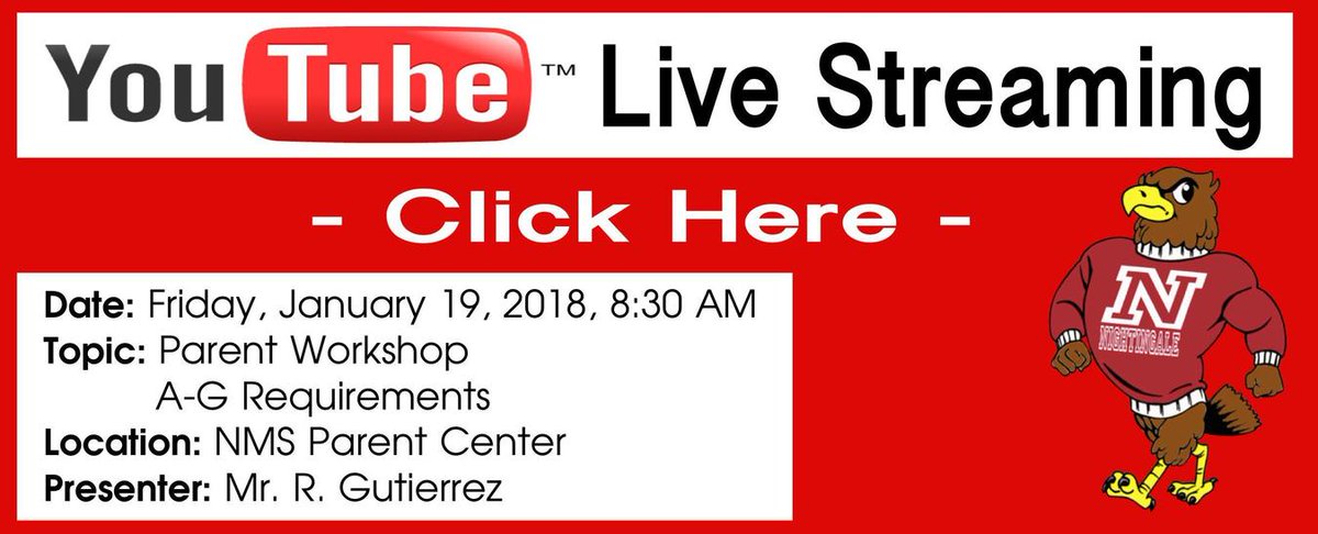 Join Nightingale's first live streaming event this Friday, January 19 at 8:30am! We will be holding a workshop on A-G requirements in the parent center. Use the following link to watch youtube.com/watch?v=DiuG6V…