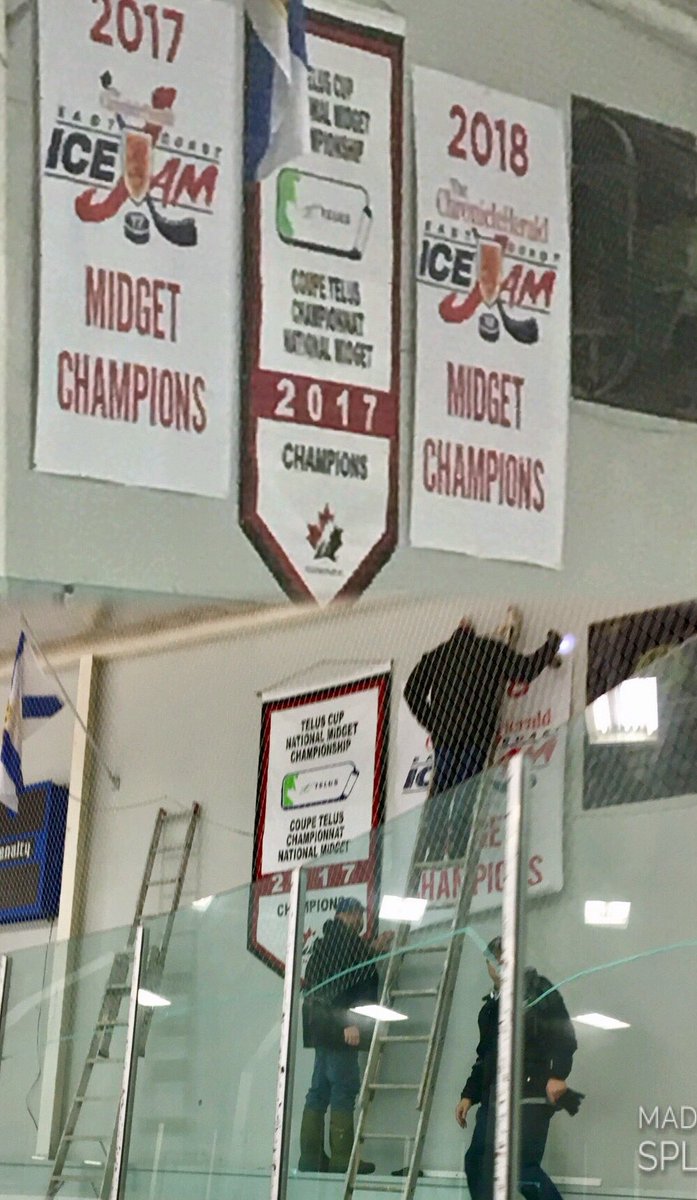 ErrolMacInnis's tweet photo. It’s nice to see that the @CBWestIslanders @HC_TELUSCup banner has some more company on the wall at the @AMacInnis2 sports centre. Welcome to the @EastCoastIceJam 2018 banner. #wethewest https://t.co/DUFJ2KFVvz