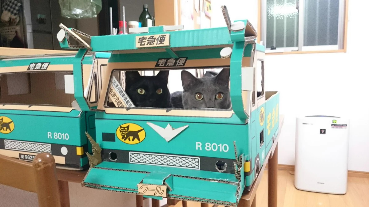 クロネコヤマトのデコトラ便？！wwダンボールで作られたデコトラに乗る猫が可愛すぎるww