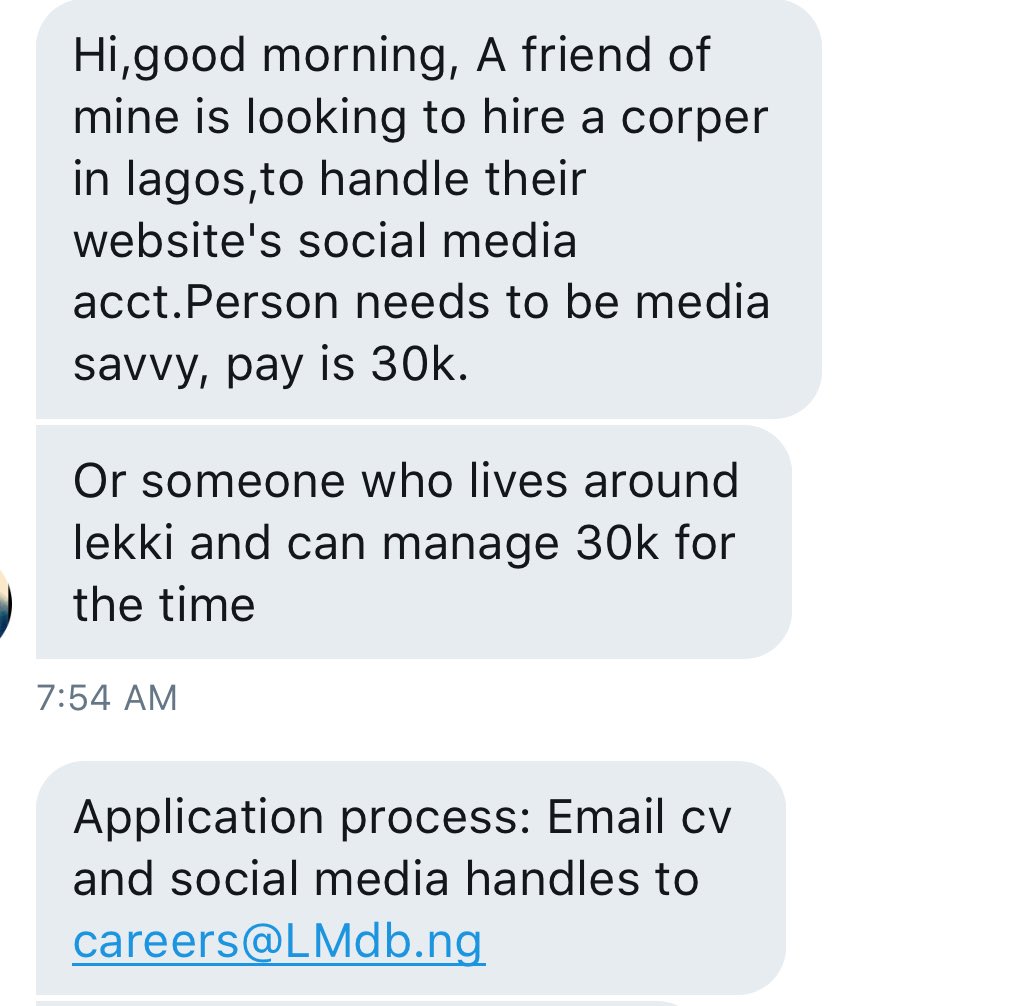 Chydee's tweet photo. Social Media Manager. 30k. (Corper) Email careers@LMdb.ng. #JobsTwitter https://t.co/dOTPwCoHbb