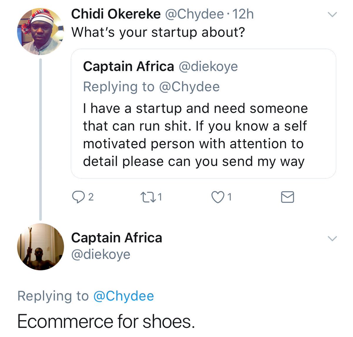 Chydee's tweet photo. If you‘re interested in running an E-Commerce (for shoes) startup, DM @diekoye. #JobsTwitter. https://t.co/x6e6HFR6VK