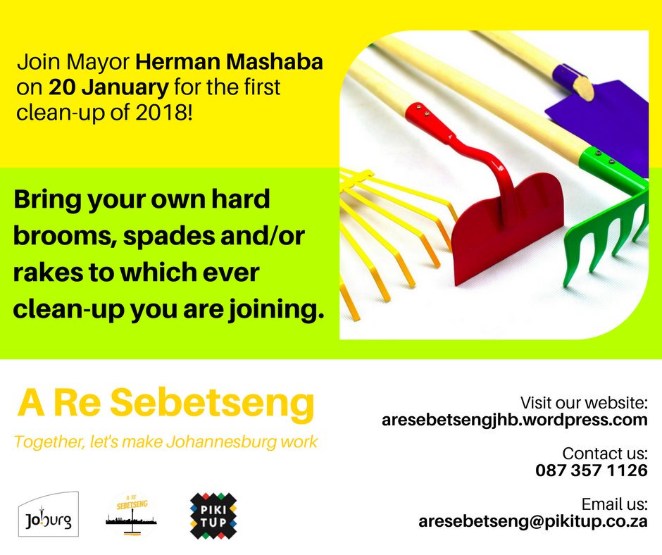 HermanMashaba's tweet photo. As you join us tomorrow for our fourth City Wide cleanup, please bring your own hard brooms, spades &amp; rakes to the cleanup that you'll be joining. 
Together we can make Johannesburg a cleaner City! #AReSebetseng💪 https://t.co/9qnhBgiQDw