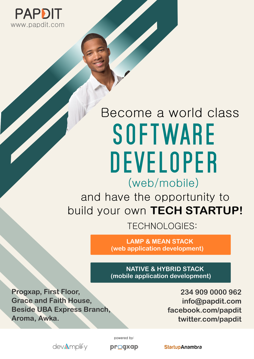 papdit's tweet photo. Become a world class developer (web &amp; mobile app development) and have the opportunity to build your own tech startup.

You don't just get to learn application development technologies but we'll help you build your startup along the way.

Call 09090000962

#tech #startup #papdit https://t.co/CLzYoa1Xrv