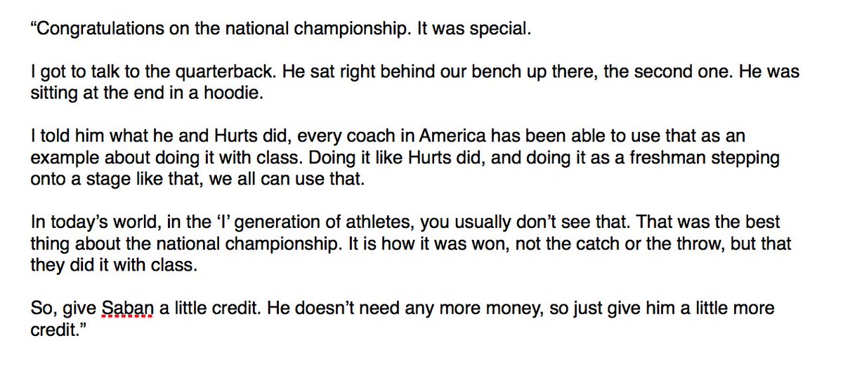 Here is what Texas A&amp;M women's basketball coach Gary Blair said about Jalen Hurts, Tua Tagovailoa, and Nick Saban after the game tonight. What a classy move.
