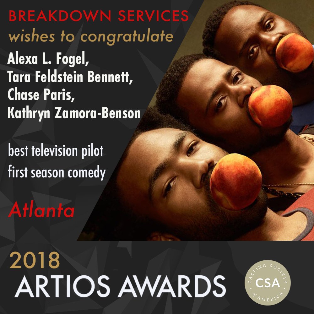 ActorsAccess's tweet photo. Congrats to @alfogel, @tarafbennett, @chaseparis, @kzbcast on their #TVPilot and #FirstSeason #Comedy @CSACasting #Artios for @AtlantaFX! #2018artiosawards https://t.co/gOnRn1sP8j