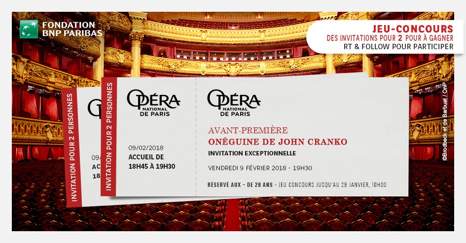 FondationBNPP's tweet image. Vous êtes disponible le 09/02/18 ? Vous avez – de 28 ans ? On vous offre 1 invitation pour 2 au Palais Garnier ! Pour participer : RT &amp;amp; Follow @FondationBNPP
À vous de jouer #ONPJeunes