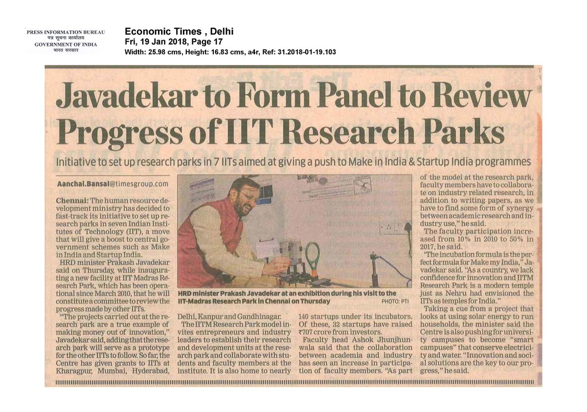 vinitgoenka's tweet photo. @PrakashJavdekar : We've provided funds for several IITs to set up Research Parks like in @iitmadras . We'll review &amp; if needed set up a committee to ensure that the efforts of @iitmadras is replicated. This is the #NewIndia that Hon'ble PM @narendramodi is talking about. https://t.co/YGBupHKrJy