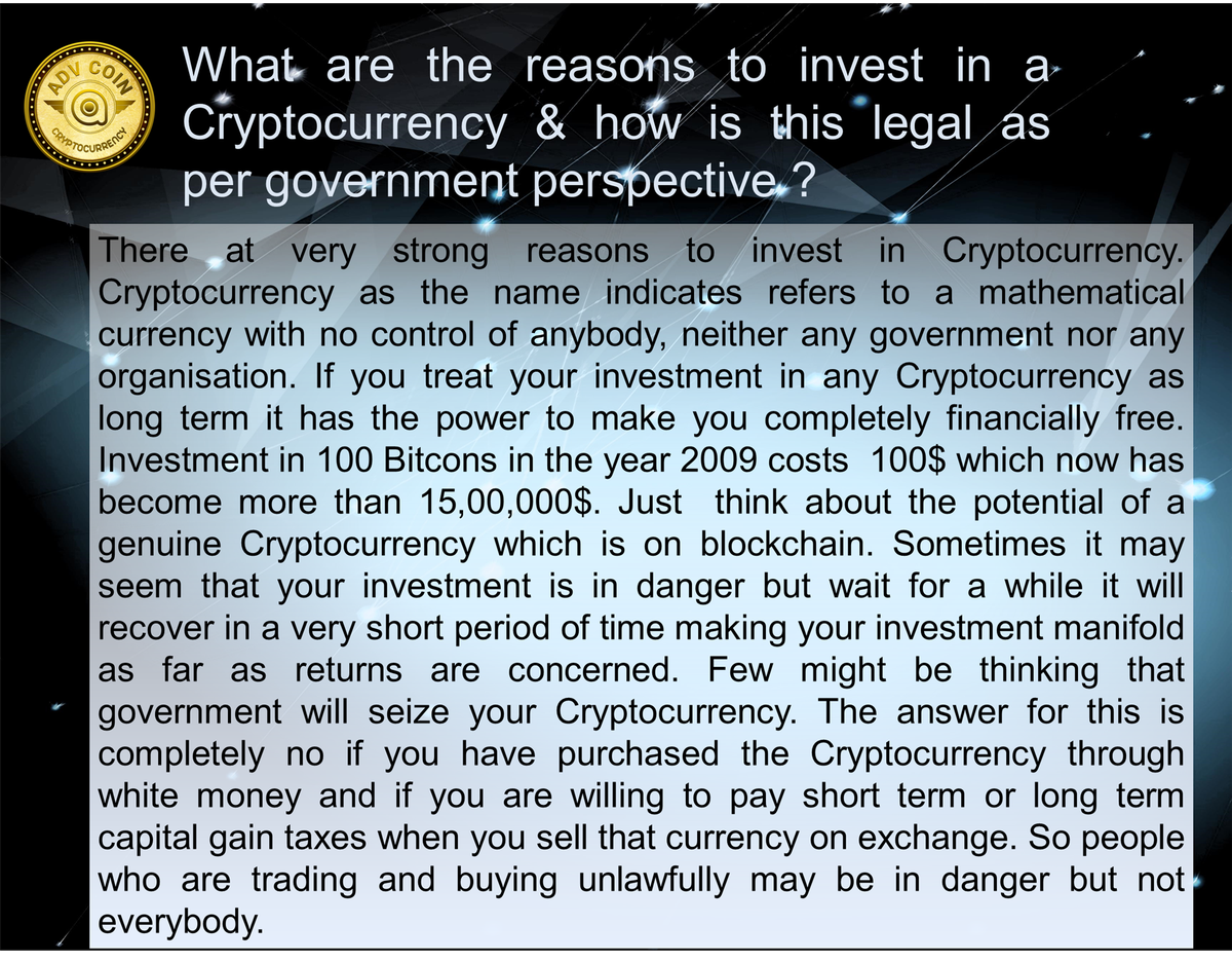 ADVCryptoCoin's tweet photo. What are the reasons to invest in a cryptocurrency and how is this legal as per government perspective? For more details visit us -https://t.co/kaiO3SejXN
#cryptocurrency #advcoin #advico #advcrypto #Investment #ico #bitcoin #trading #Tokens #ADVToken #Preico #blockchain #invest https://t.co/0VnaTRJFID