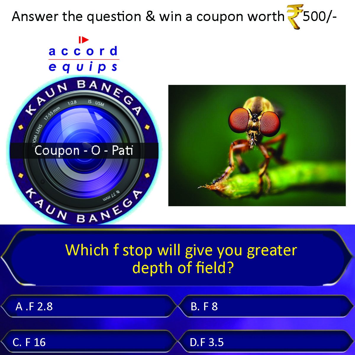Accord Equips KBC contest is back again .. answer the question and test your skills .. win coupon worth Rs 500.. contest ends on 22nd Jan 12 noon
#accordequipscontest #AccordequipsKBCcontest #accordequips #photography #contestday #contestalert #photographer #photographers