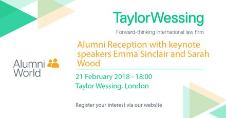 TaylorWessingUK's tweet photo. Calling all #TaylorWessing Alumni - sign up for our Alumni reception &amp; hear from   @ES_Entrepreneur &amp; @sarahfwood as they share their career stories &amp; exclusive insights surrounding entrepreneurship, leadership, technology &amp; the value of networks https://t.co/9smAPG6aVK https://t.co/kcS0BuZ24l