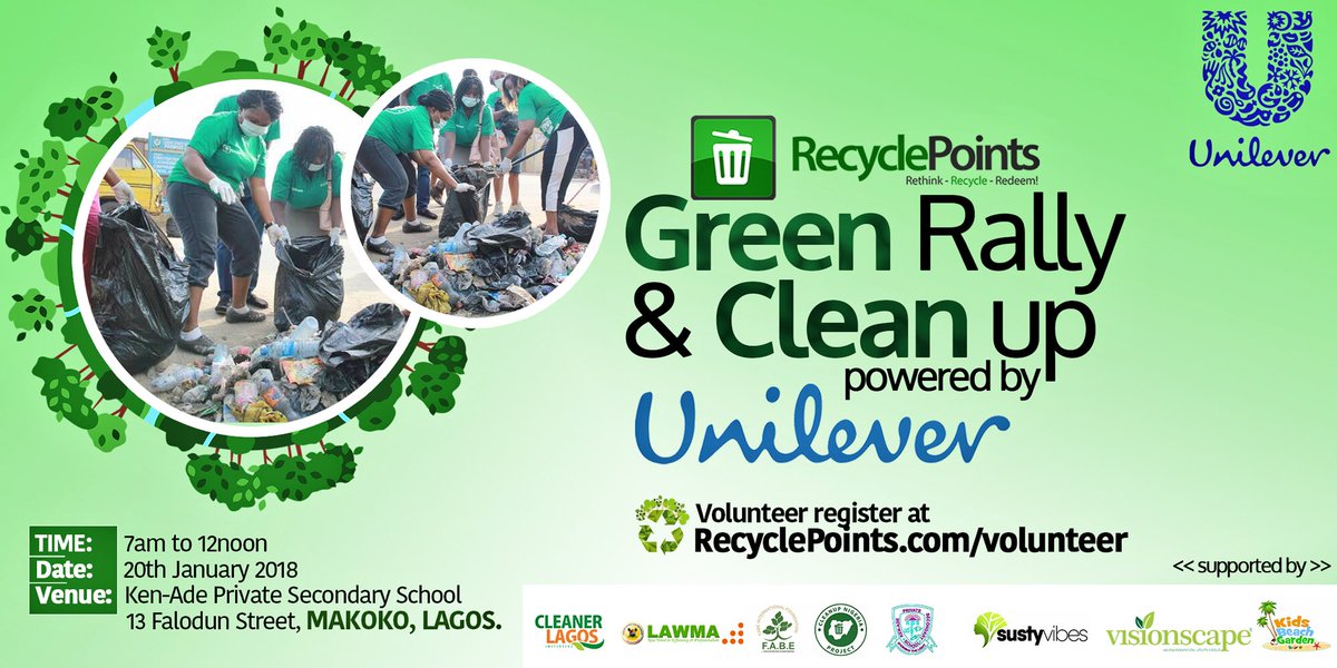 RecyclePointsNG's tweet photo. Don’t miss the @Unilever powered #GreenRally &amp; Cleanup happening at Makoko, Lagos.
Date: 20th January, 2018
Time: 7am to 12noon
Muster Point: Ken-Ade Private Secondary School, 13 Falodun Street, MAKOKO, LAGOS.
Proudly Supported by @CleanerLagos @VSSanitation @Lawma_gov https://t.co/BbaciF68pS