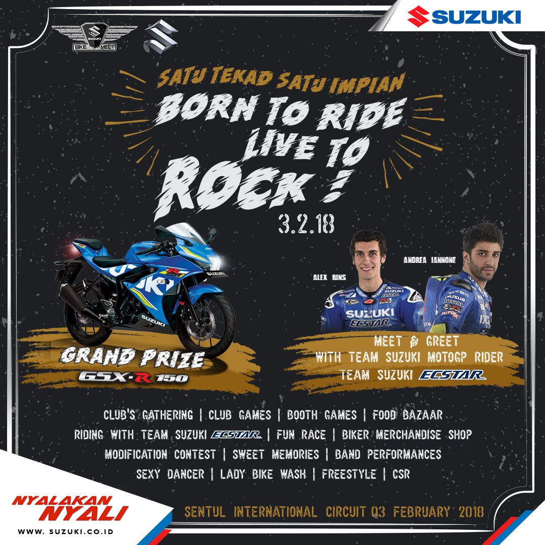 Acara diisi dgn beragam aktivitas seperti donor darah, games &amp; hiburan. 
Akan ada meet &amp; greet dgn Suzuki MotoGP Riders, Andrea Iannone &amp; Alex Rins serta menangkan Grand Prize Suzuki GSX - R150 .

#SuzukiMotor #SuzukiBikeMeet #RoadToSBMNasional #NyalakanNyali #ZonaSuzuki