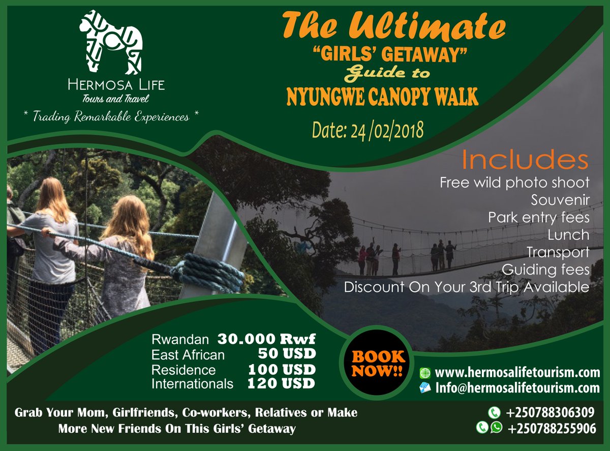 hermosatours1's tweet photo. Our #Girls’ Getaway safaris are designed to show the best of Nyungwe #canopy_walk in groups. Let us help you make your dream reality explore the canopy walk &amp; the scenic above the forest.
Book for your place
Contact us:
Info@hermosalifetourism.com
+250788306309/788255906 https://t.co/j3vmmoiXGK